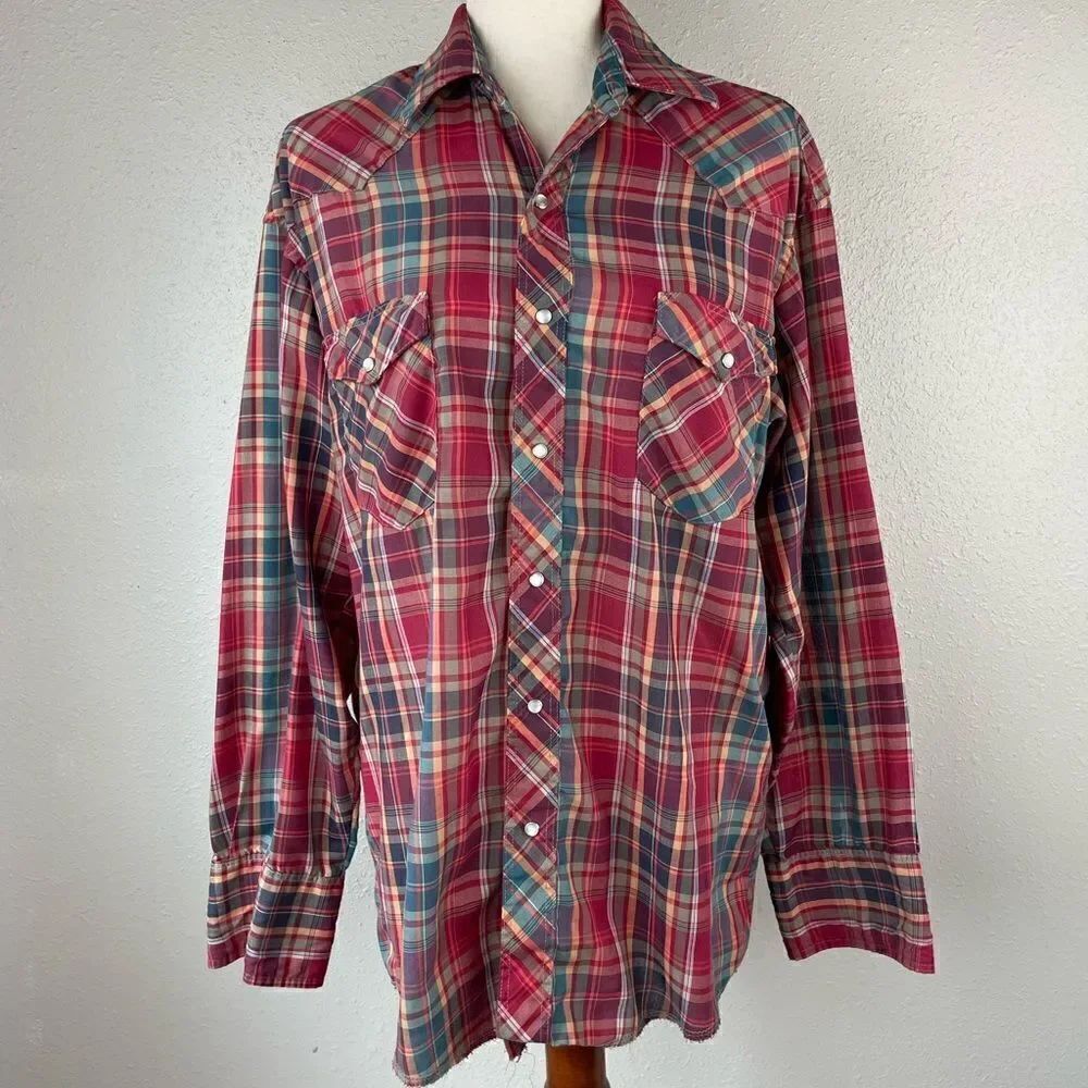 Wrangler Western Pearl Snap Button Down Shirt Size 16 34 EUC